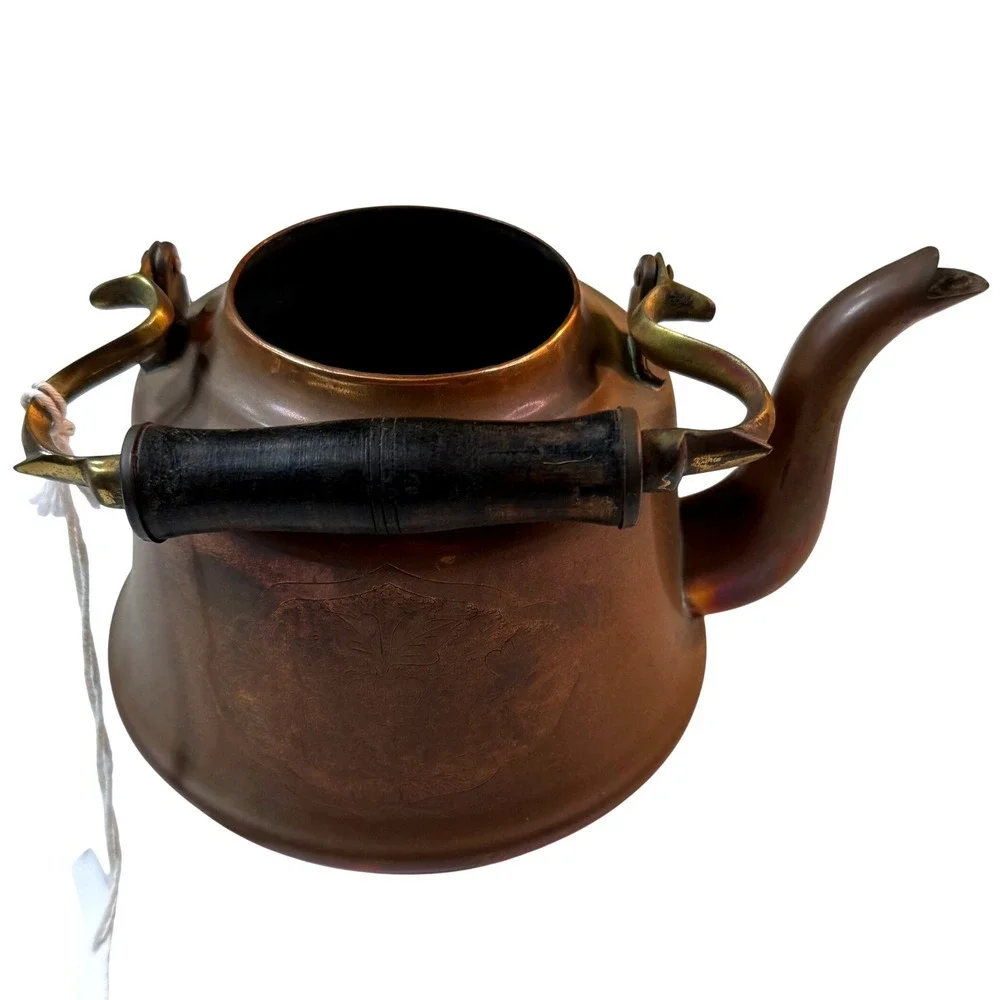 Vintage MCM Copper Tea Kettle Etched Floral Swan Spout Wood Handle‎ Rustic Decor